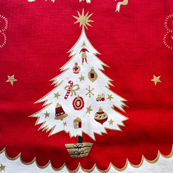 Vintage Christmas Holiday Tablecloth Cotton Print Round Fringe Red Gold Festive - Picture 6 of 10